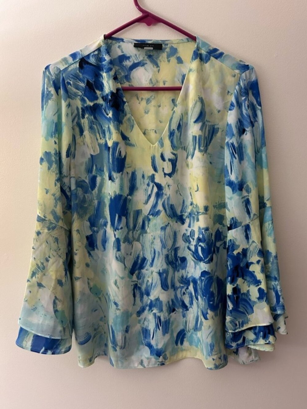 Blue & Yellow Abstract V-Neck Blouse